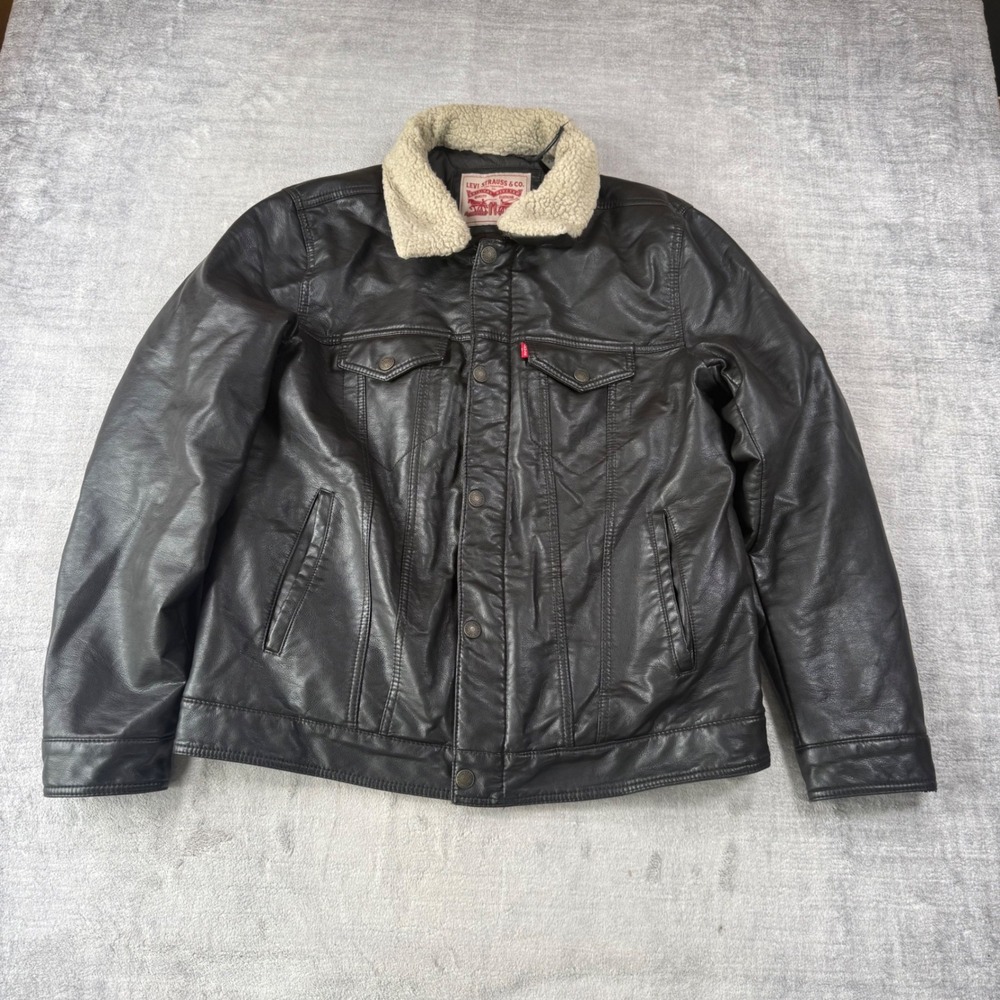 Levis Trucker Jacket Mens Large Brown Faux Leather Sherpa Quilted Lined Bomber